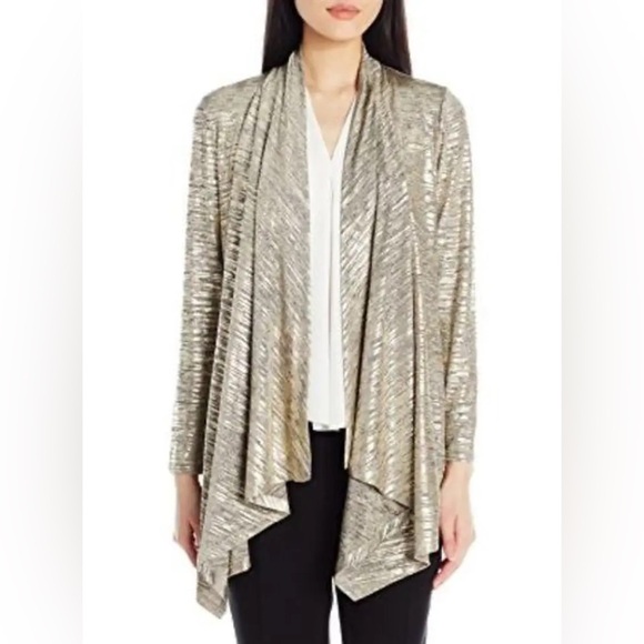 NWT Calvin Klein Open Front Metallic Flyaway Gold Cascading Cardigan Sweater - Picture 1 of 7